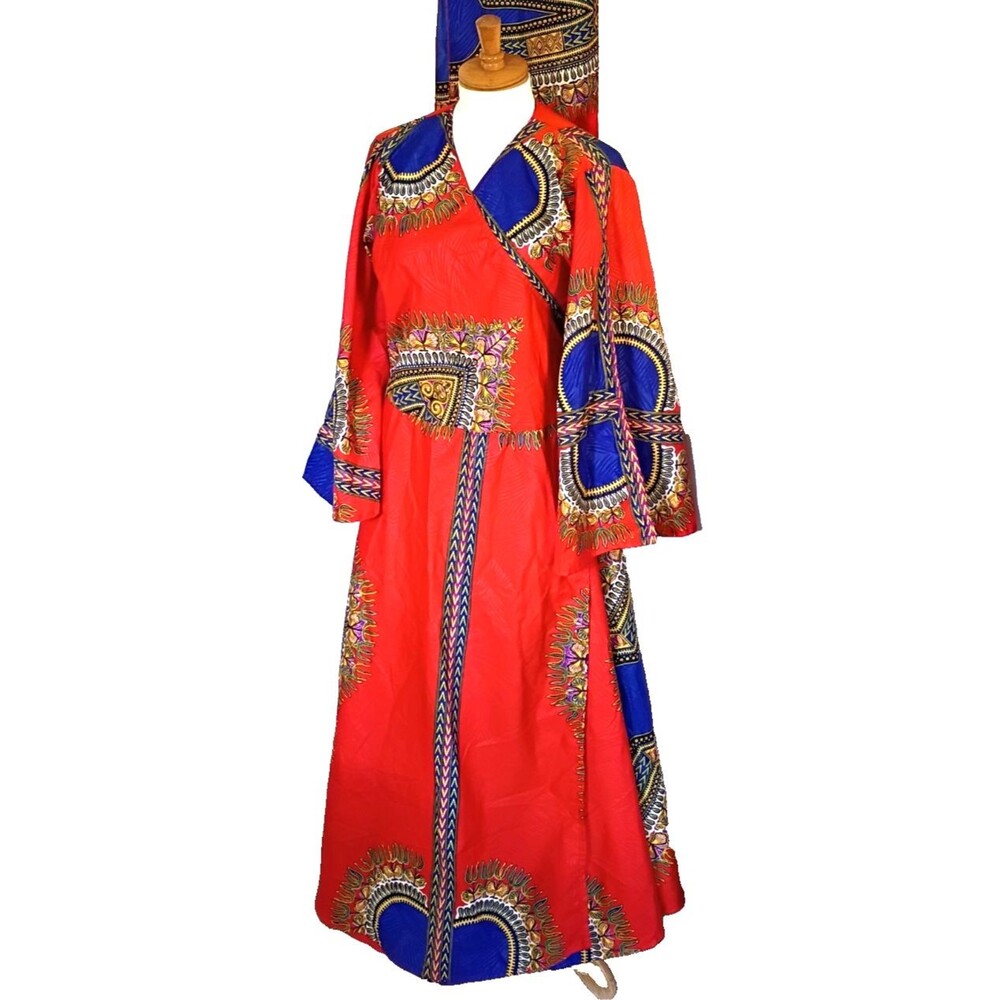 African Red Dashiki  Bell Sleeve Maxi Wrap Dress  & Head Scarf Size Large